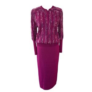 Jessica Knits Two‎ Piece Skirt Set Magenta Metallic Sparkle Knit Midi Medium VTG